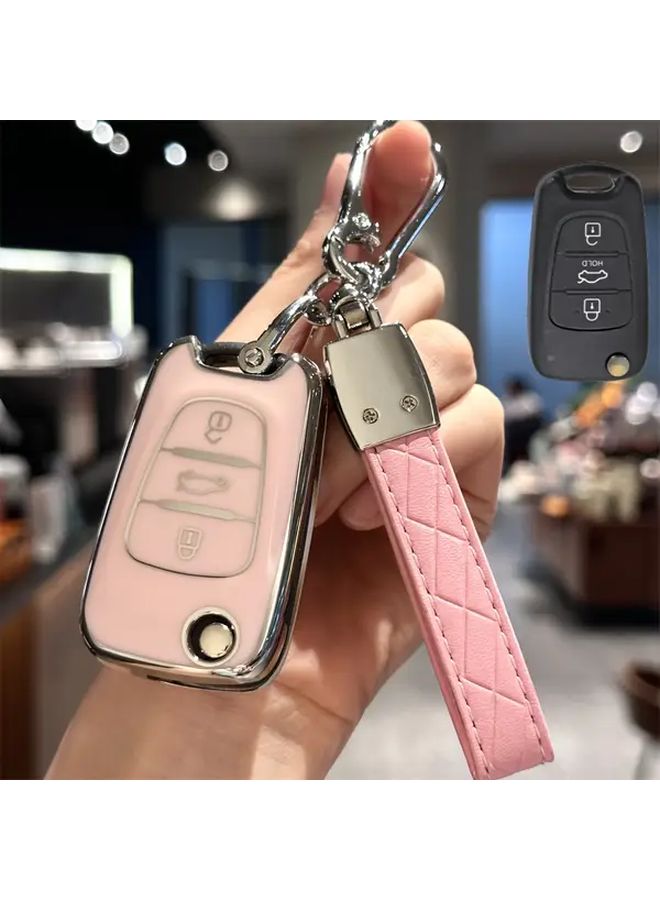 غطاء مفتاح سيارة من TPU وردي مع سلسلة مفاتيح لطرازات هيونداي I10 و I20 و I30 و كيا سيد وسول وسبورتاج - Image 4